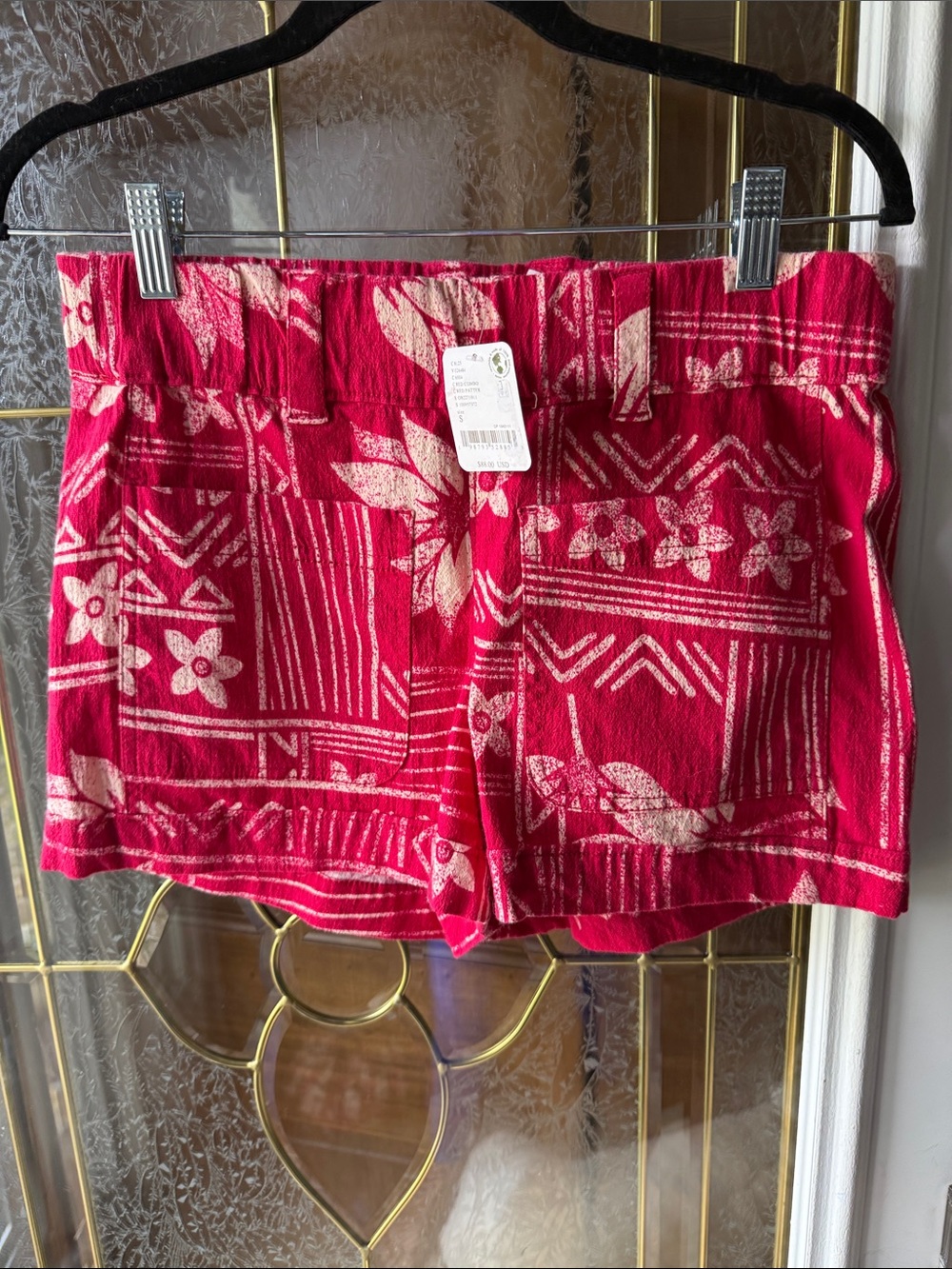 Free People RED AND WHITE Floral Print Pull-On Bermudas